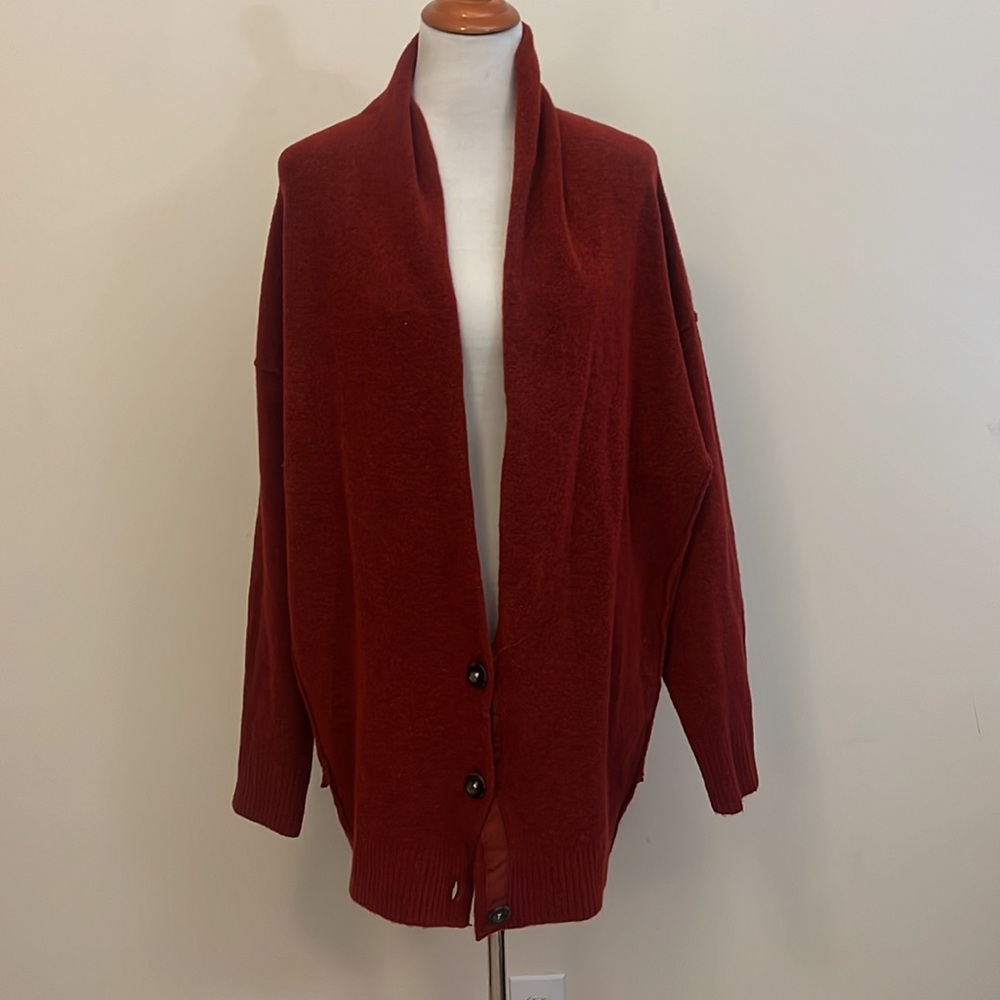 Free People Rust Color Roll Collar Oversized Cardigan Sweater Size Medium